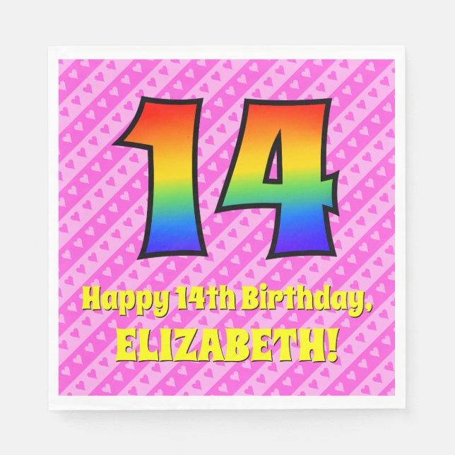 Serviette En Papier 14e anniversaire : Pink Stripes & Hearts, Arc en c (Devant)