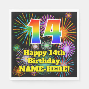 Serviette En Papier 14ème anniversaire : Fun Fireworks Motif + Rainbow