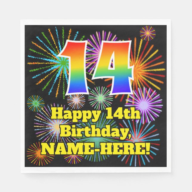 Serviette En Papier 14ème anniversaire : Fun Fireworks Motif + Rainbow (Devant)