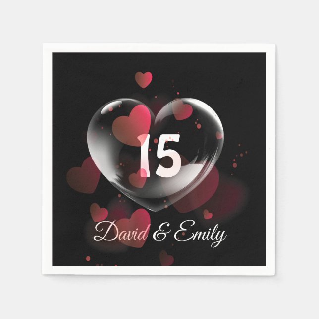 Serviette En Papier 15e Anniversaire Bulle cardiaque avec Coeurs rouge (Devant)
