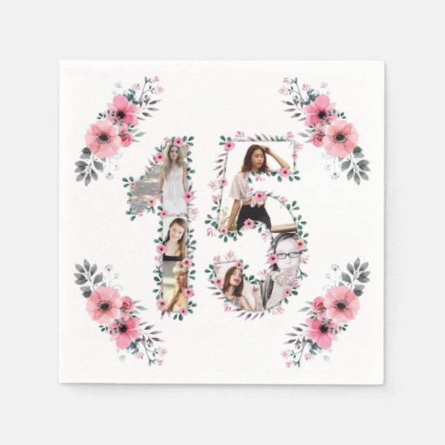 Serviette En Papier 15e anniversaire fille Fleur Photo Collage blanc (Devant)