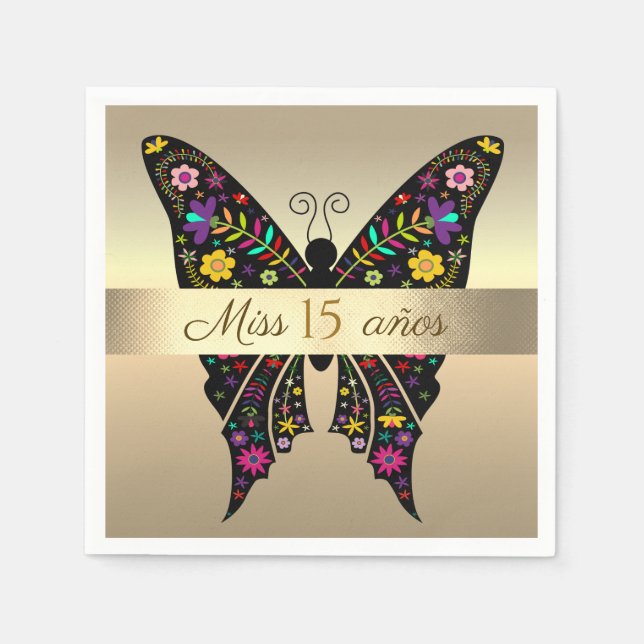 Serviette En Papier 15e anniversaire, Papillon coloré Gold Foil (Devant)
