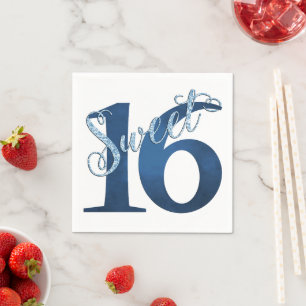 Serviette En Papier 16 ans   Aquarelle bleue et Faux Parties scintilla