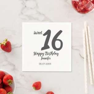 Serviette En Papier 16e anniversaire ajouter nom date année noir modèl