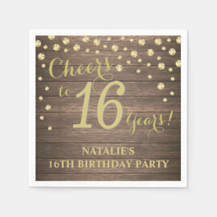 Serviette En Papier 16e Anniversaire du Rustic Wood and Gold Diamond