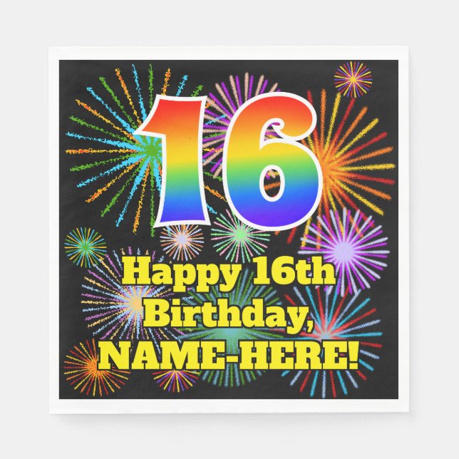 Serviette En Papier 16e anniversaire : Fun Motif feux d'artifice + Arc (Devant)