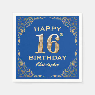 Serviette En Papier 16e anniversaire Parties scintillant bleue et or c