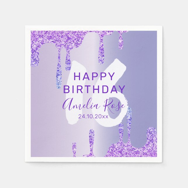 Serviette En Papier 16e Joyeux Anniversaire Métallique violet (Devant)