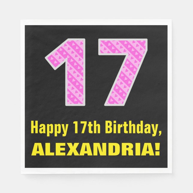 Serviette En Papier 17ème anniversaire : Pink Stripes and Hearts "17"  (Devant)