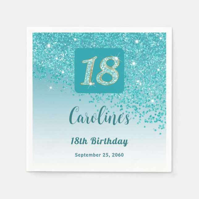 Serviette En Papier 18e anniversaire Chic Turquoise Blue Parties scint (Devant)