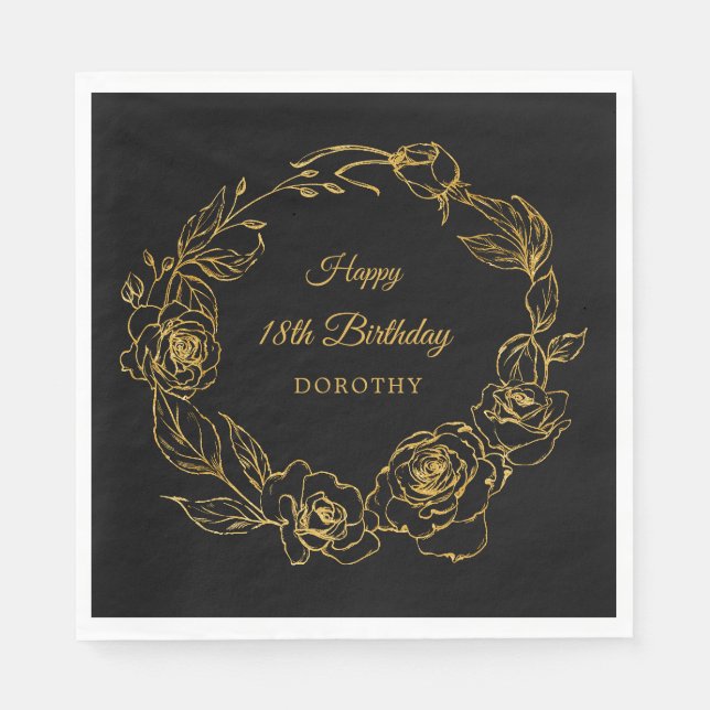 Serviette En Papier 18e anniversaire de la fête Luxe Gold Rose Black C (Devant)