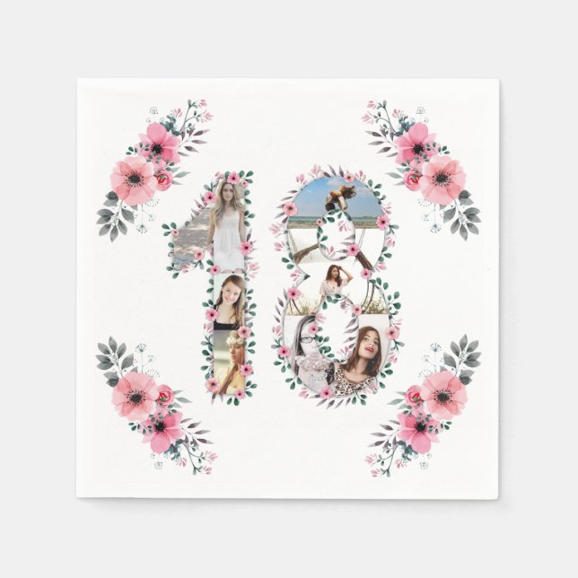 Serviette En Papier 18e anniversaire fille Fleur Photo Collage blanc (Devant)