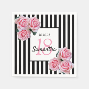 Serviette En Papier 18e anniversaire rose roses noir blanc rayures