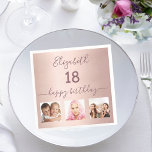 Serviette En Papier 18th birthday party custom photo rose gold pink<br><div class="desc">For a 18th birthday party. A collage of 3 of your photos of herself, friends, family, interest or pets. A girly, feminine rose gold, pink gradient background color. Personalize and add her name and age 18. The text: happy birthday is written with a trendy hand lettered style script with swashes....</div>