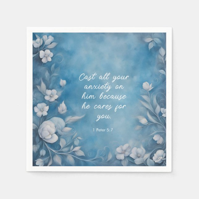 Serviette En Papier 1 Peter 5:7 “Cast All Your Anxiety” Blue Floral (Devant)