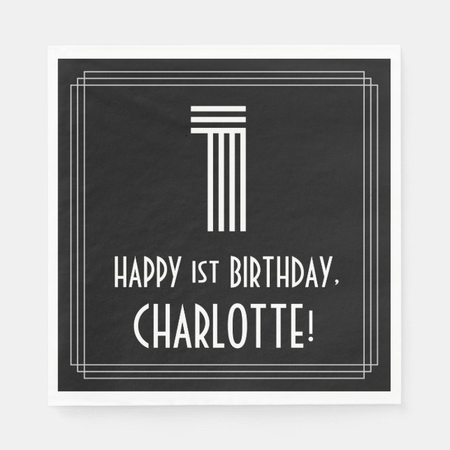 Serviette En Papier 1er anniversaire : Art Déco Inspiré Look "1" + Nom (Devant)