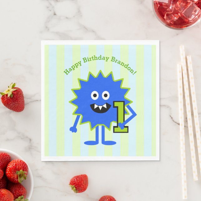 Serviette En Papier 1er Anniversaire Blue Green Monster Garçon mignon  (En situation)