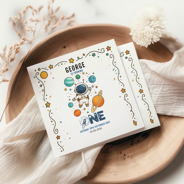 Serviette En Papier 1er anniversaire d'aventure spatiale | Fête dans l (Créateur téléchargé)