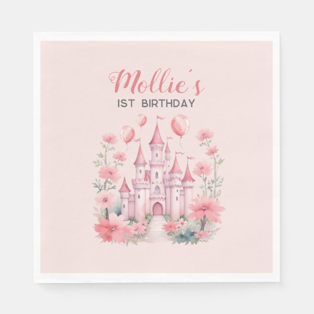 Serviette En Papier 1er anniversaire de bébé Château Rose Princesse (Devant)