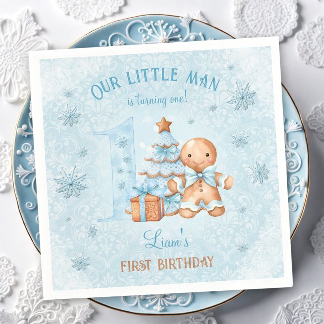 Serviette En Papier 1er anniversaire Gingerbread Man Boy Blue Christma (1st Birthday Gingerbread Man Boy Blue Christmas Napkins)