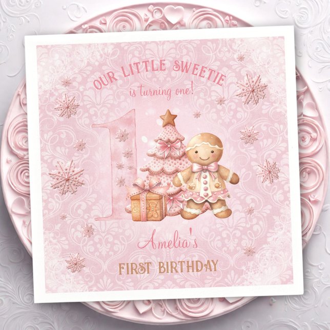 Serviette En Papier 1er anniversaire Gingerbread Man Girl Pink Noël (1st Birthday Gingerbread Man Girl Pink Christmas Napkins)