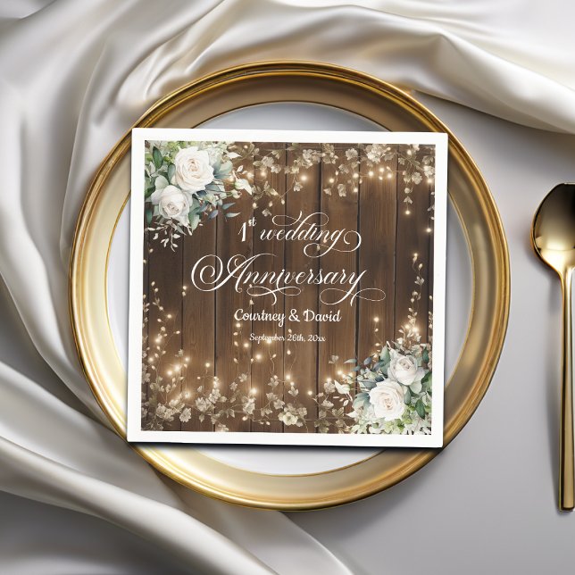 Serviette En Papier 1er anniversaire Mariage Lumières à cordes rustiqu (Créateur téléchargé)