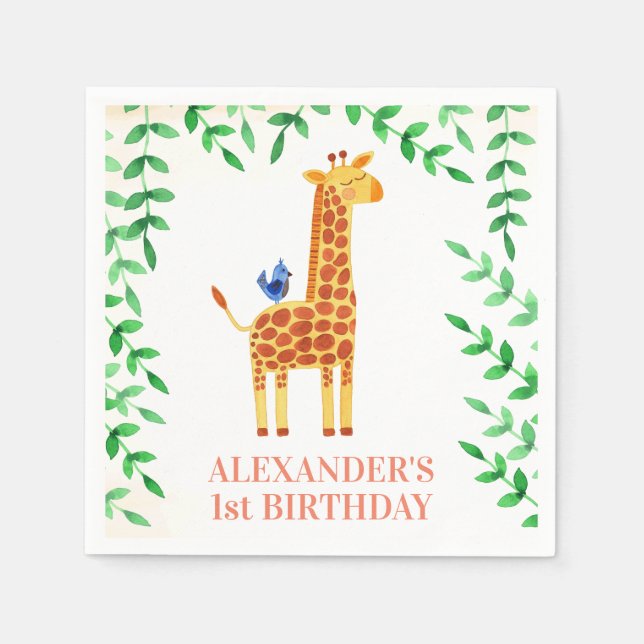 Serviette En Papier 1er anniversaire mignonne Giraffe & Bird Whimsical (Devant)