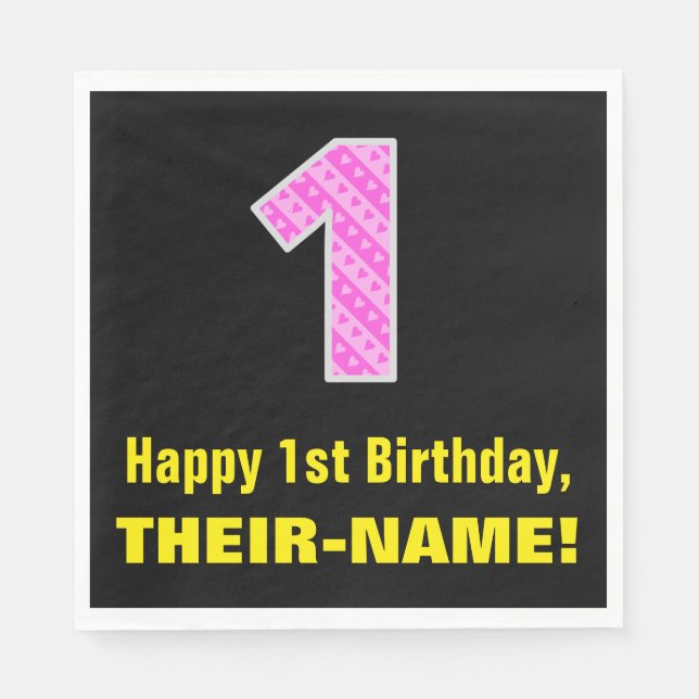 Serviette En Papier 1er anniversaire : Pink Stripes and Hearts "1" + N (Devant)