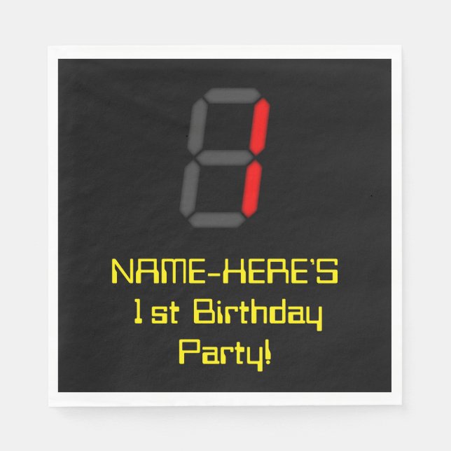 Serviette En Papier 1er anniversaire : Rouge Digital Horloge Style "1" (Devant)