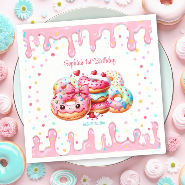 Serviette En Papier 1er Anniversaire Sweet One mignonne Donut Rose Gir (1st Birthday Sweet One Cute Donut Pink Girl Napkins)