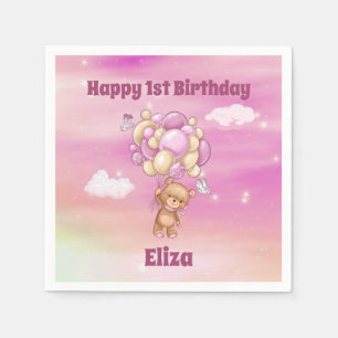 Serviette En Papier 1er anniversaire Teddy Bear Balloon Rose Girl