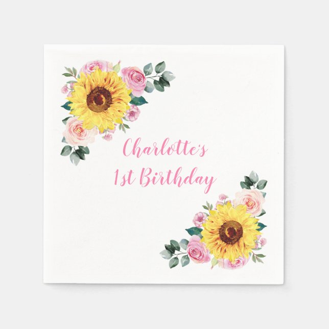 Serviette En Papier 1er Anniversaire tournesol rose Floral Personnalis (Devant)
