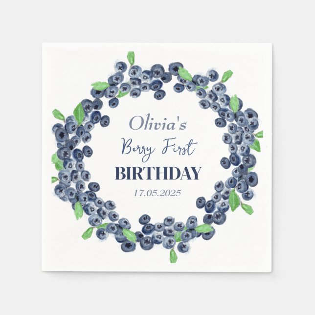Serviette En Papier 1ère fête d'anniversaire Blueberry Baby Girl (Devant)
