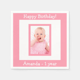 Serviette En Papier 1ère fête d'anniversaire fille photo rose