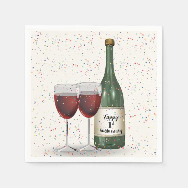 Serviette En Papier 1st Anniversary Party Wine Bottle and Two Glasses (Devant)