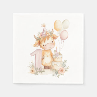 Serviette En Papier 1st birthday highland cow
