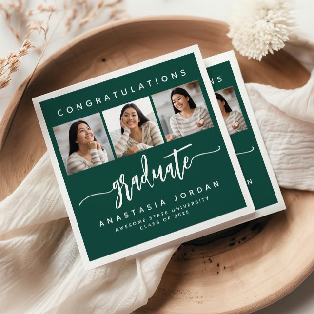 Serviette En Papier 2025 3-Photo Green Félicitations Diplômé (Créateur téléchargé)