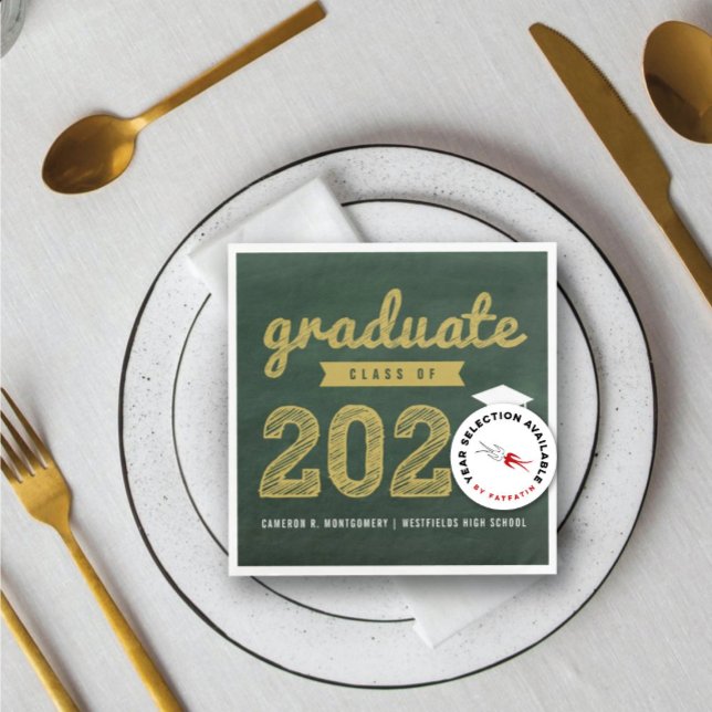 Serviette En Papier 2025 Chalkboard Bold Sketch Graduation Party Paper (Class of 20YY Chalkboard Bold Gold Sketch Graduation Party Paper Napkin @ zazzle.com/color_therapy)