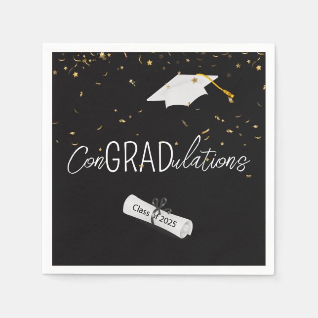 Serviette En Papier 2025 Graduation Gold Confetti et Casquette (Devant)