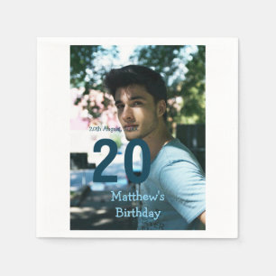 Serviette En Papier 20e anniversaire ajouter nom photo date homme bleu