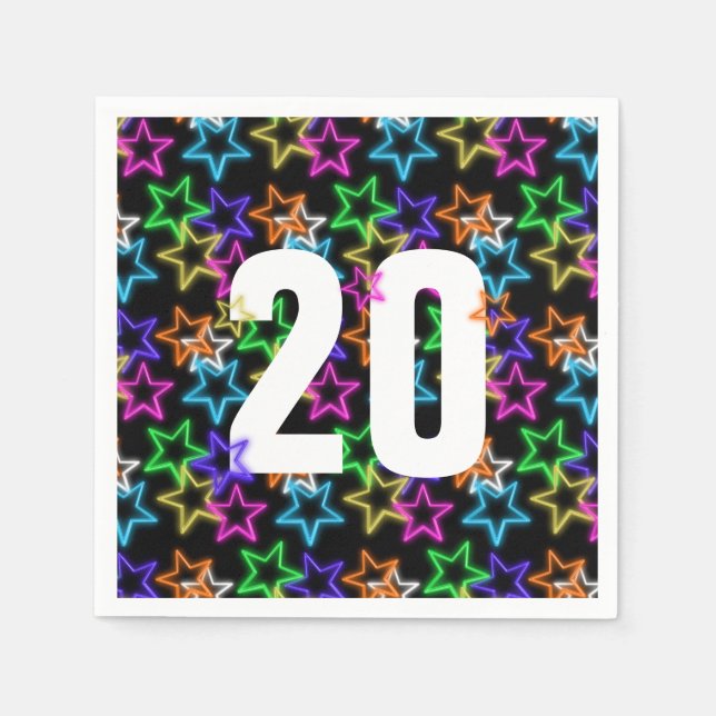 Serviette En Papier 20e Anniversaire Neon Étoiles sur noir (Devant)