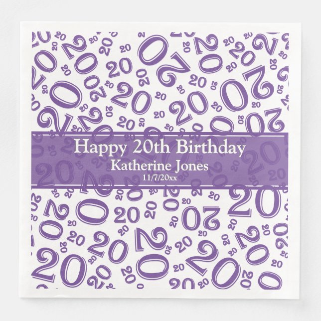 Serviette En Papier 20e anniversaire Random Number Motif violet/blanc (Devant)