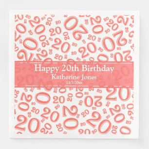 Serviette En Papier 20e anniversaire Random Numéro Motif Coral/Blanc