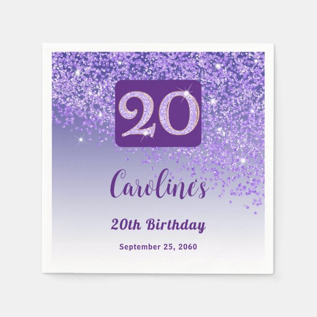 Serviette En Papier 20th Birthday Party Sparkling Purple Glitter (Devant)