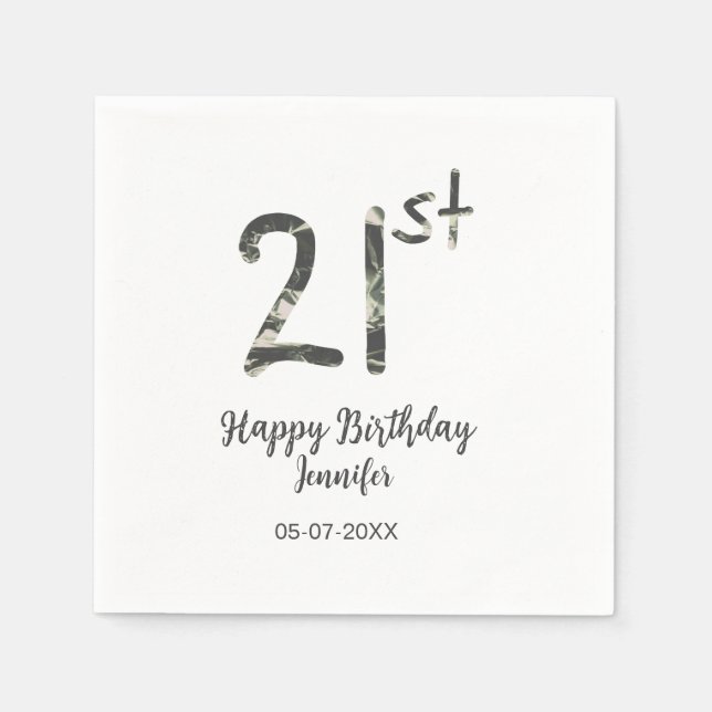 Serviette En Papier 21e anniversaire ajouter nom date année noire modè (Devant)
