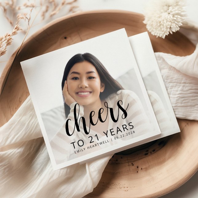 Serviette En Papier 21e anniversaire de fête Photo Black Script Cheers (Créateur téléchargé)