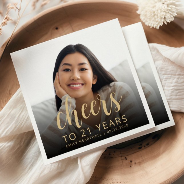Serviette En Papier 21e anniversaire de fête Photo Gold Script Cheers (Créateur téléchargé)