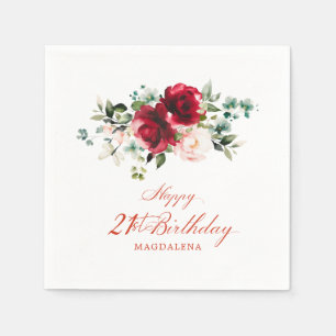 Serviette En Papier 21e Anniversaire Fête Rose Rouge Floral Custom