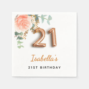 Serviette En Papier 21e anniversaire floral rose or eucalyptus monogra