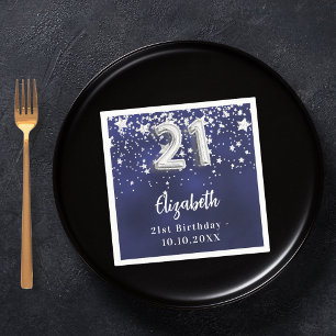 Serviette En Papier 21e anniversaire marine bleu argent étoiles